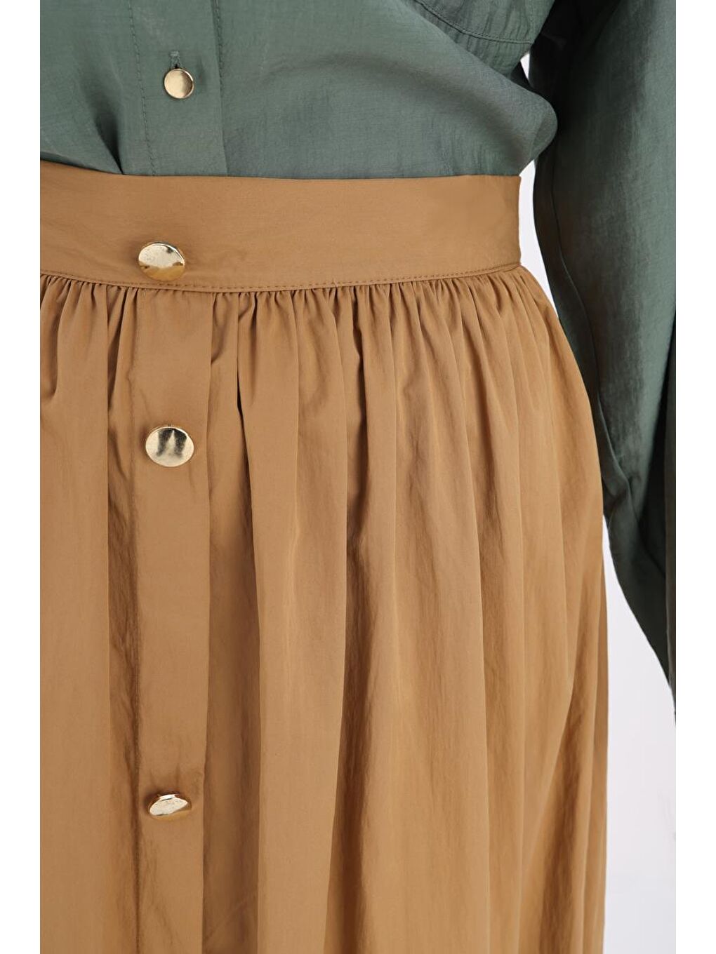 Kahverengi Camel-Düğme Detaylı Pileli Etek-4