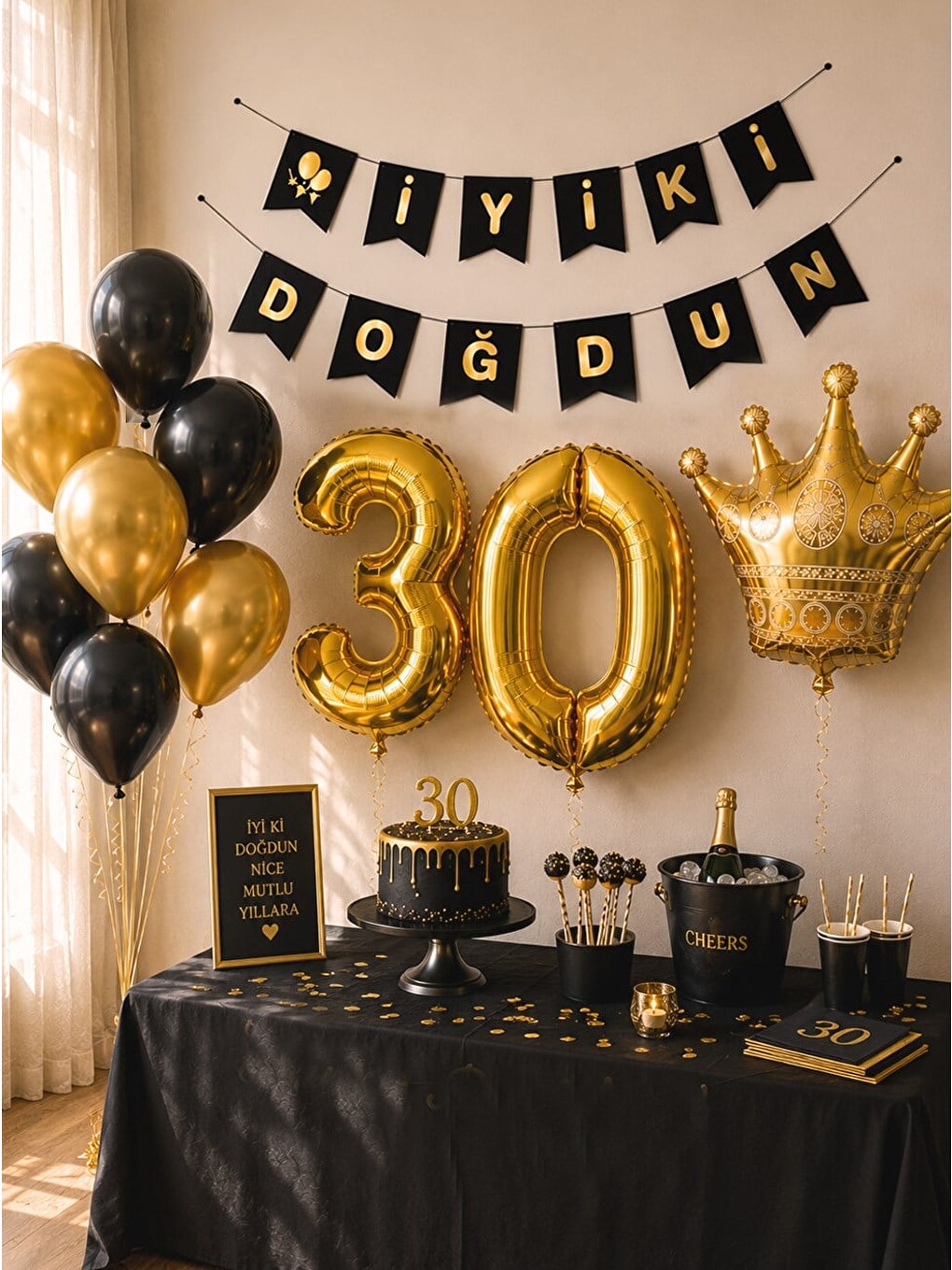 Karışık 30 Yaş Balon Seti Doğum Günü Parti Seti Siyah Altın