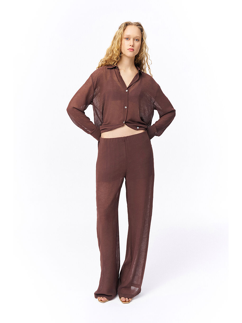 Yandan Fermuarlı Bol Paça Pantolon Kahverengi-2