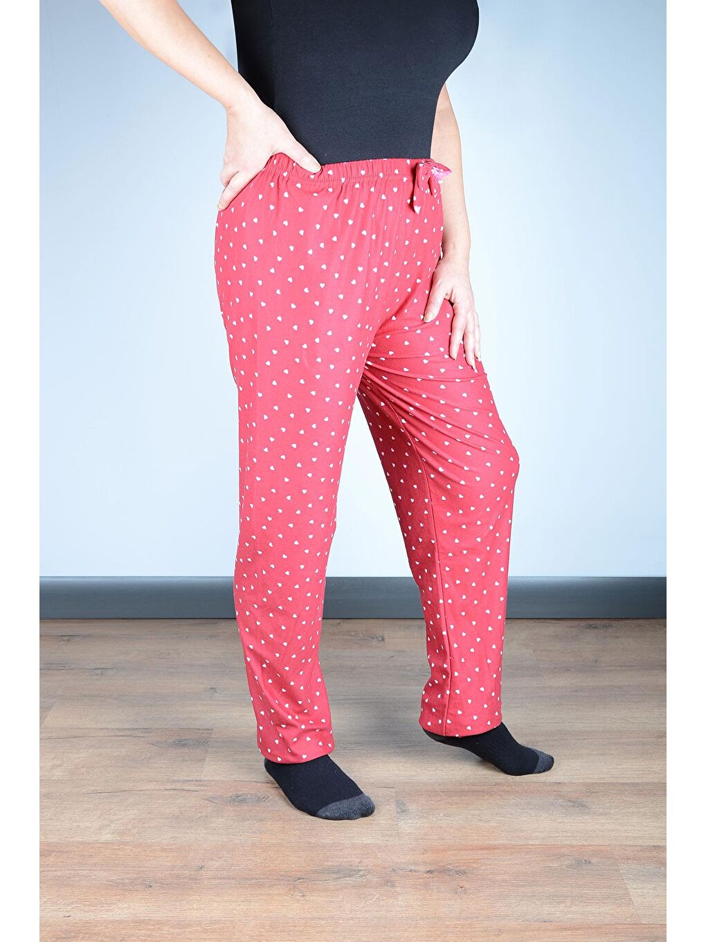 Kadın Süet Pijama Tek Alt | Kalpli Kırmızı-1