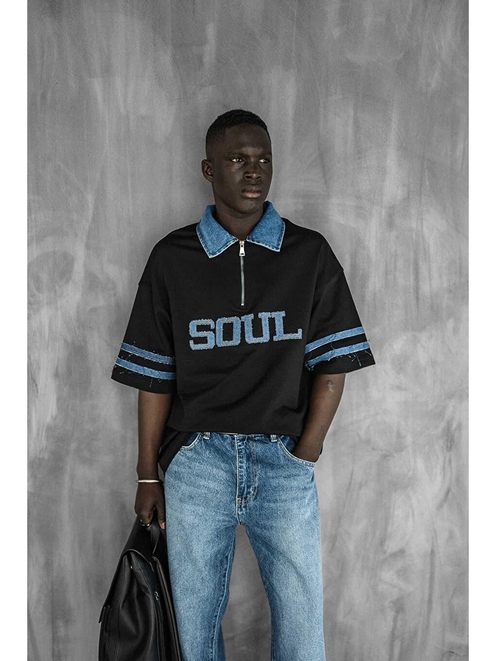 Erkek Denim Polo Yaka Yarım Fermuarlı Oversize Tişört Siyah-1