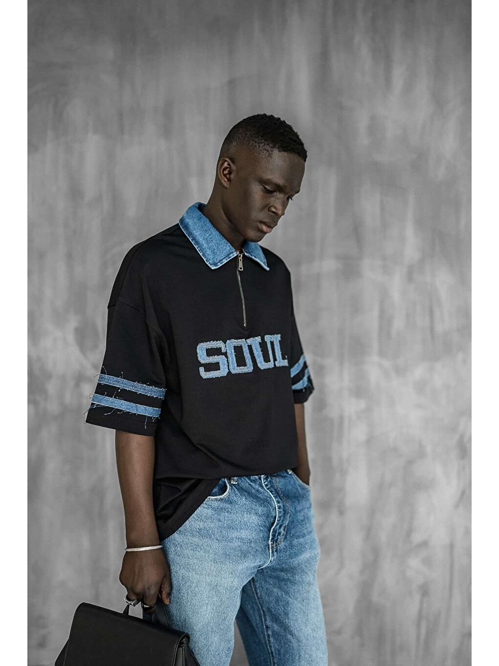 Erkek Denim Polo Yaka Yarım Fermuarlı Oversize Tişört Siyah-2