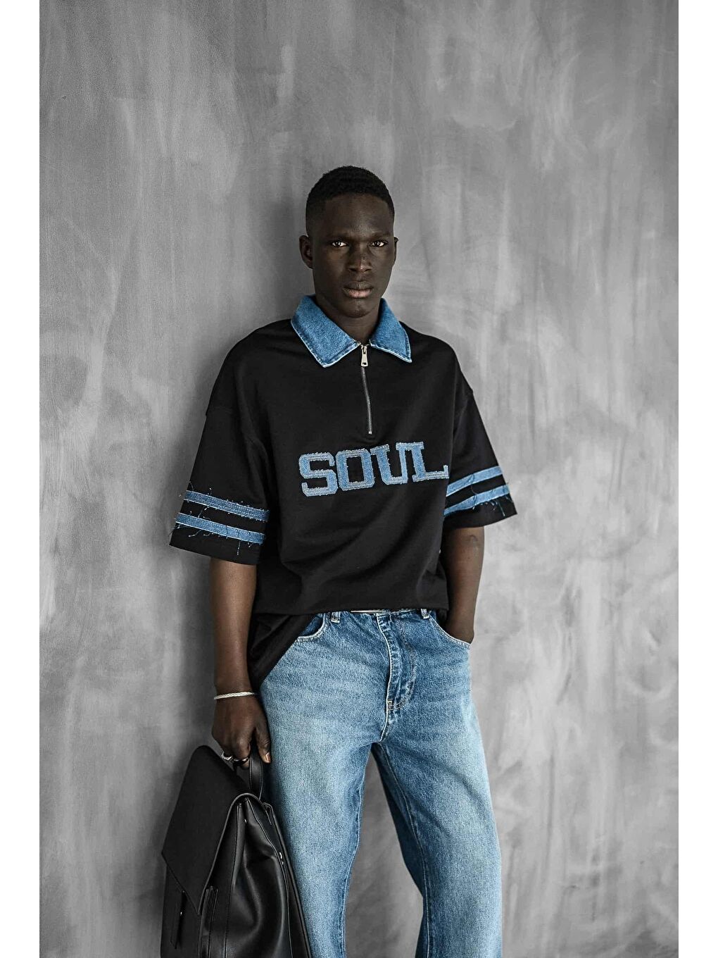 Erkek Denim Polo Yaka Yarım Fermuarlı Oversize Tişört Siyah-3