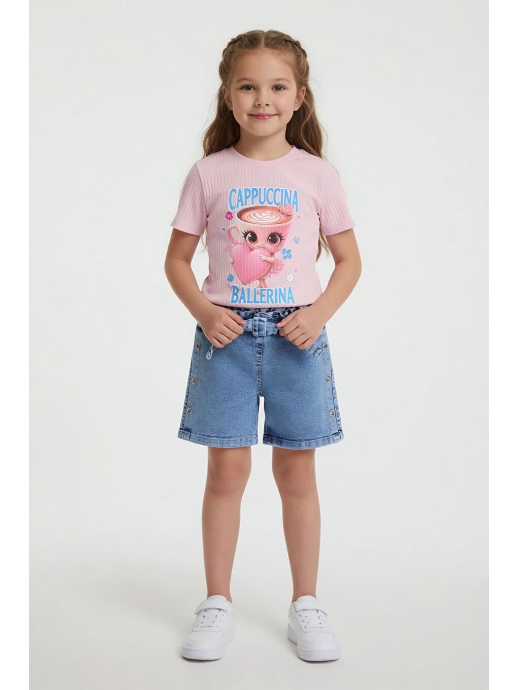 Pembe Pudra Balerin Baskılı Tişörtlü Düğmeli Jean Şortlu Kız Çocuk 2li Takım 24170-4