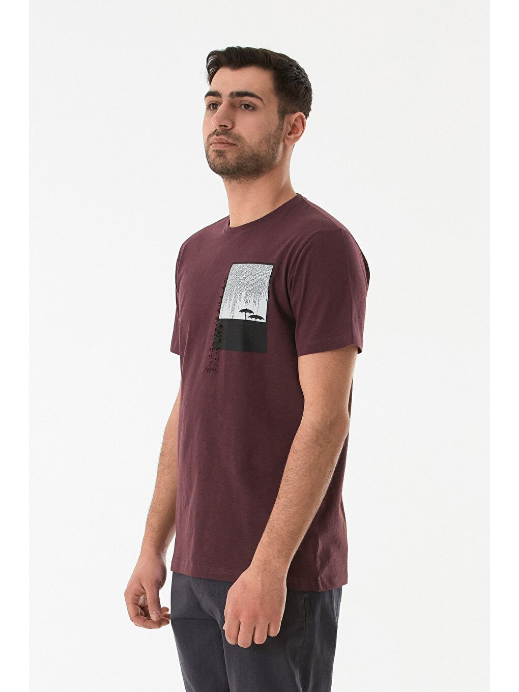 Bordo Grafik Baskılı Bisiklet Yaka Tişört-1