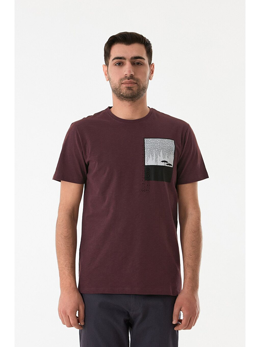 Bordo Grafik Baskılı Bisiklet Yaka Tişört-4