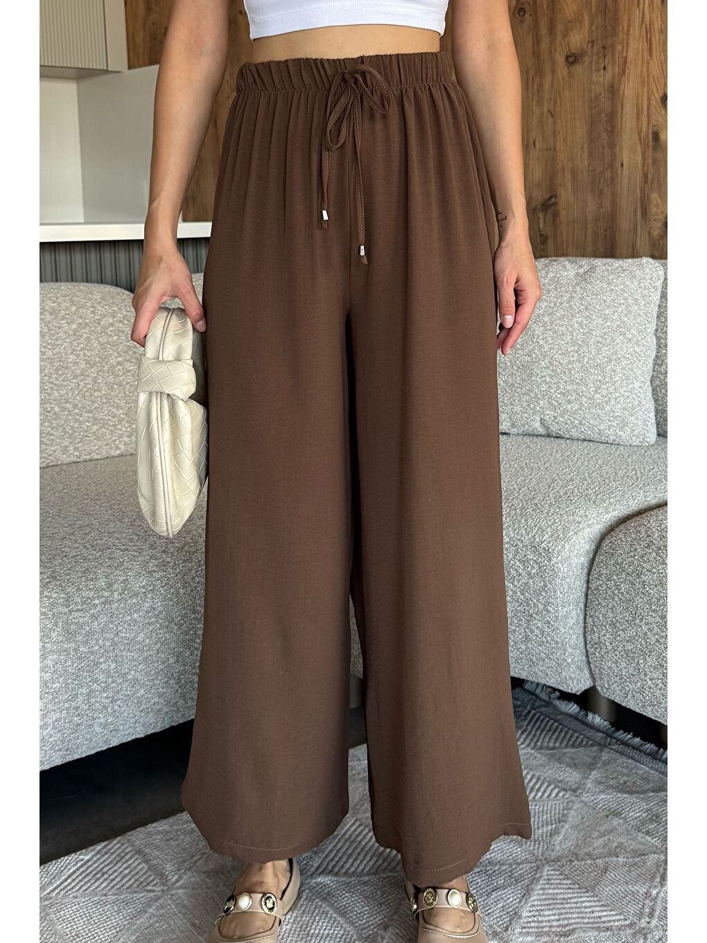 Kahverengi Kadın Bel Lastikli Bol Kesim Pantolon-1