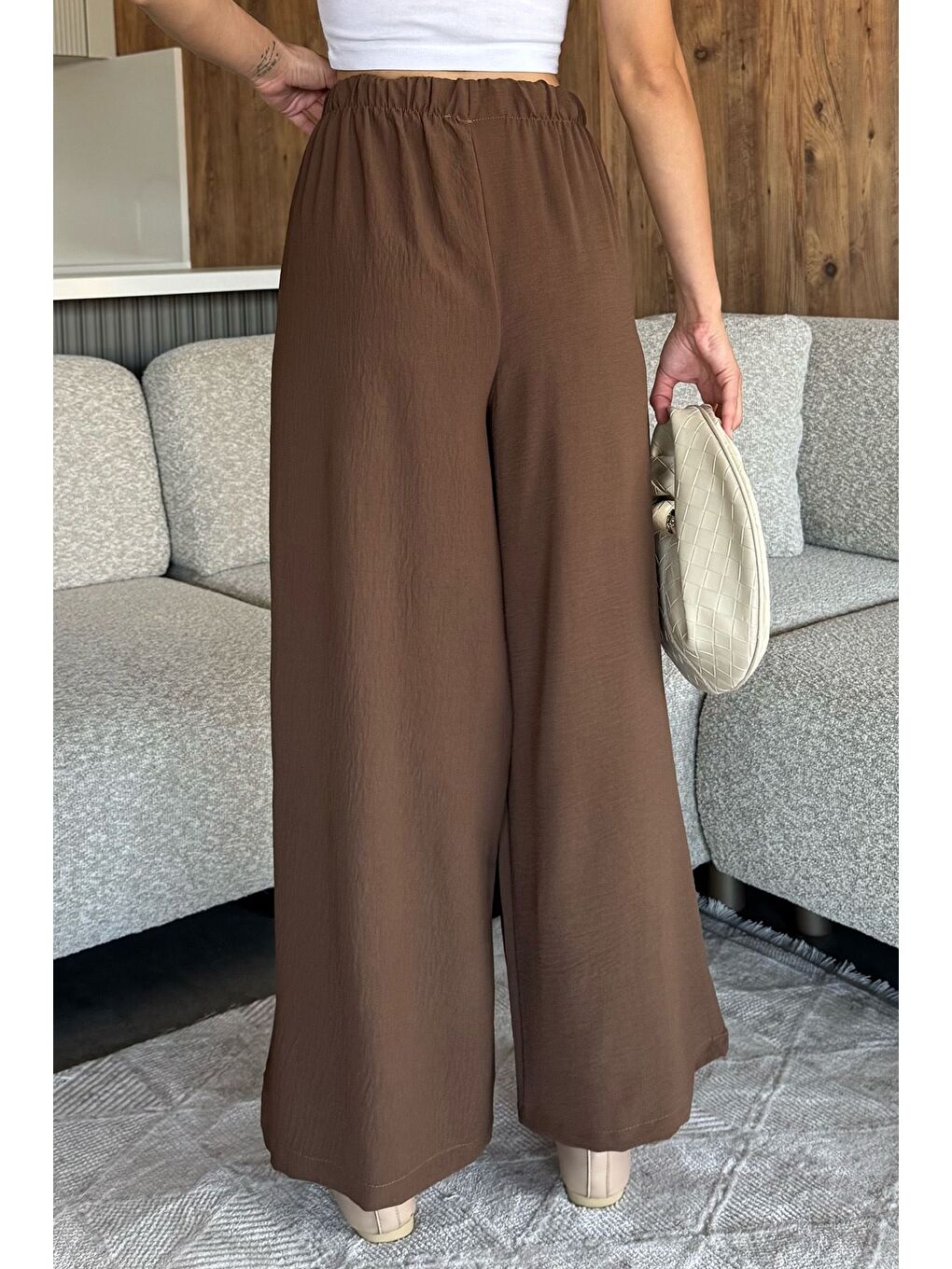 Kahverengi Kadın Bel Lastikli Bol Kesim Pantolon-2