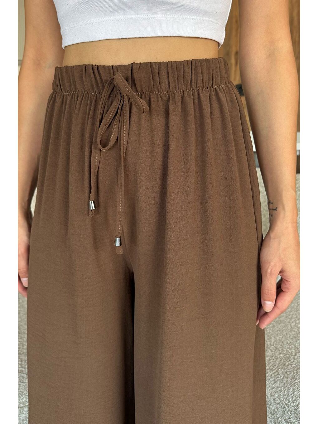 Kahverengi Kadın Bel Lastikli Bol Kesim Pantolon-3