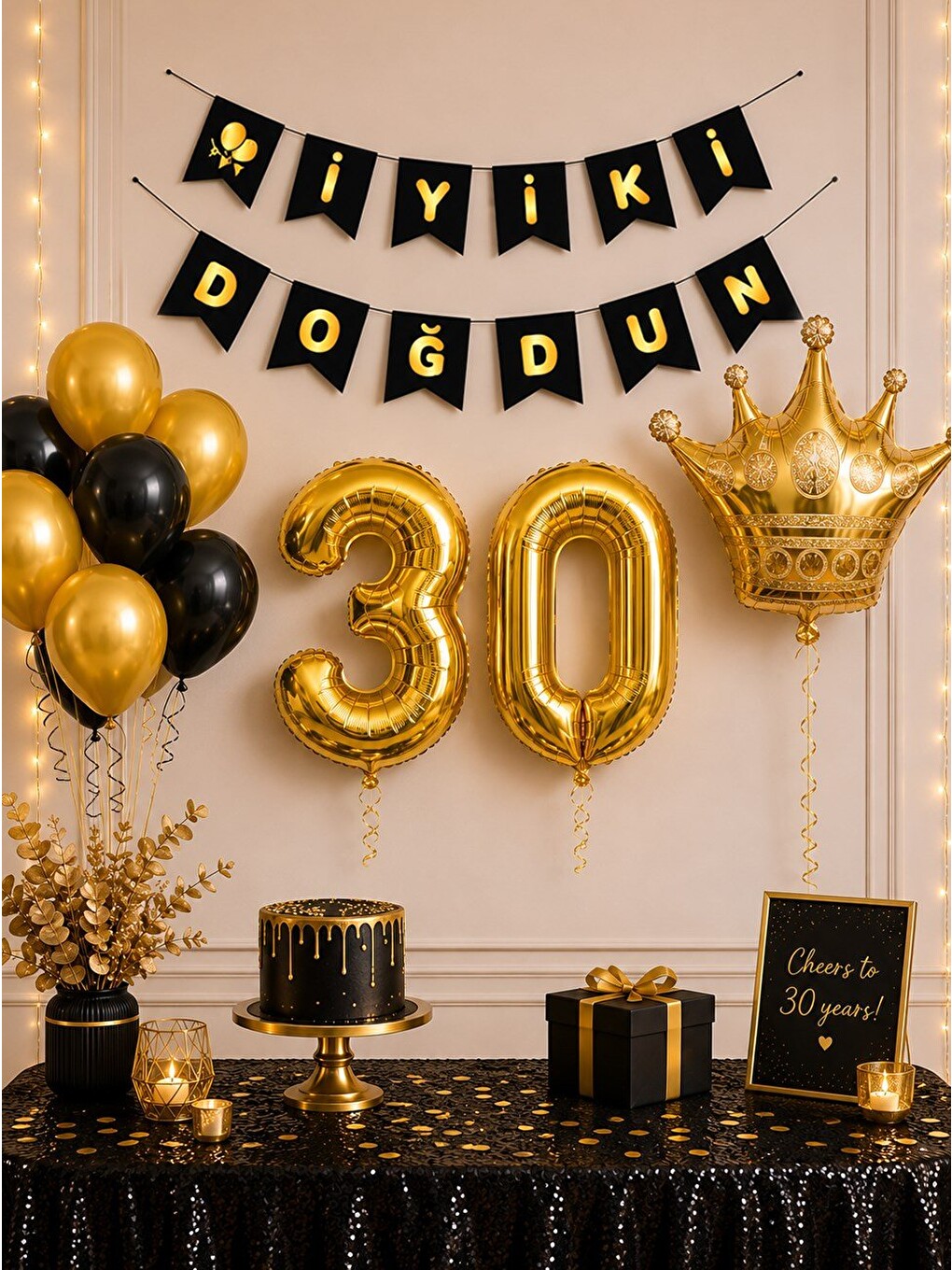 Karışık 30 Yaş Balon Seti Doğum Günü Parti Seti Siyah Altın-1