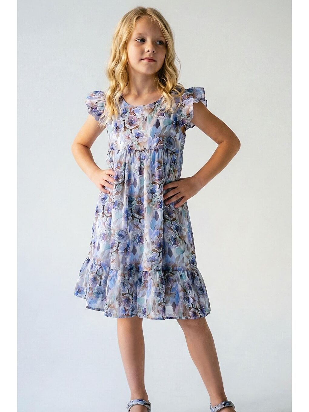 Kız Çocuk Saten Elbise Çiçek Desenli Arma Detaylı Arkası Fermuarlı Karışık Renk (4-9 Yaş)-1