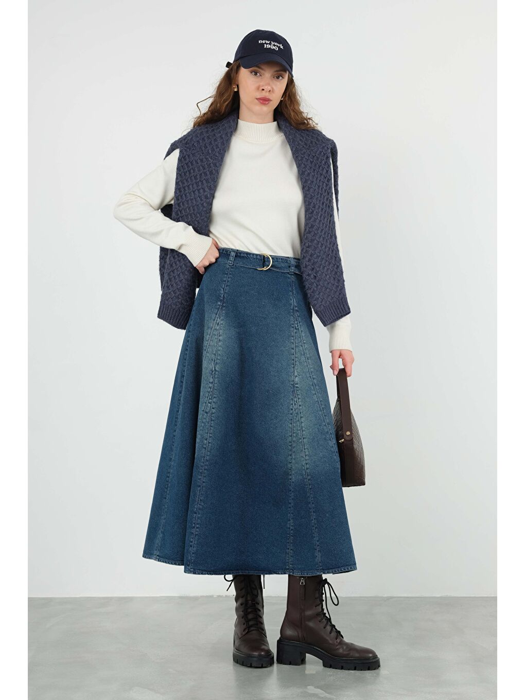 Parçalı Denim Etek Retro Mavi