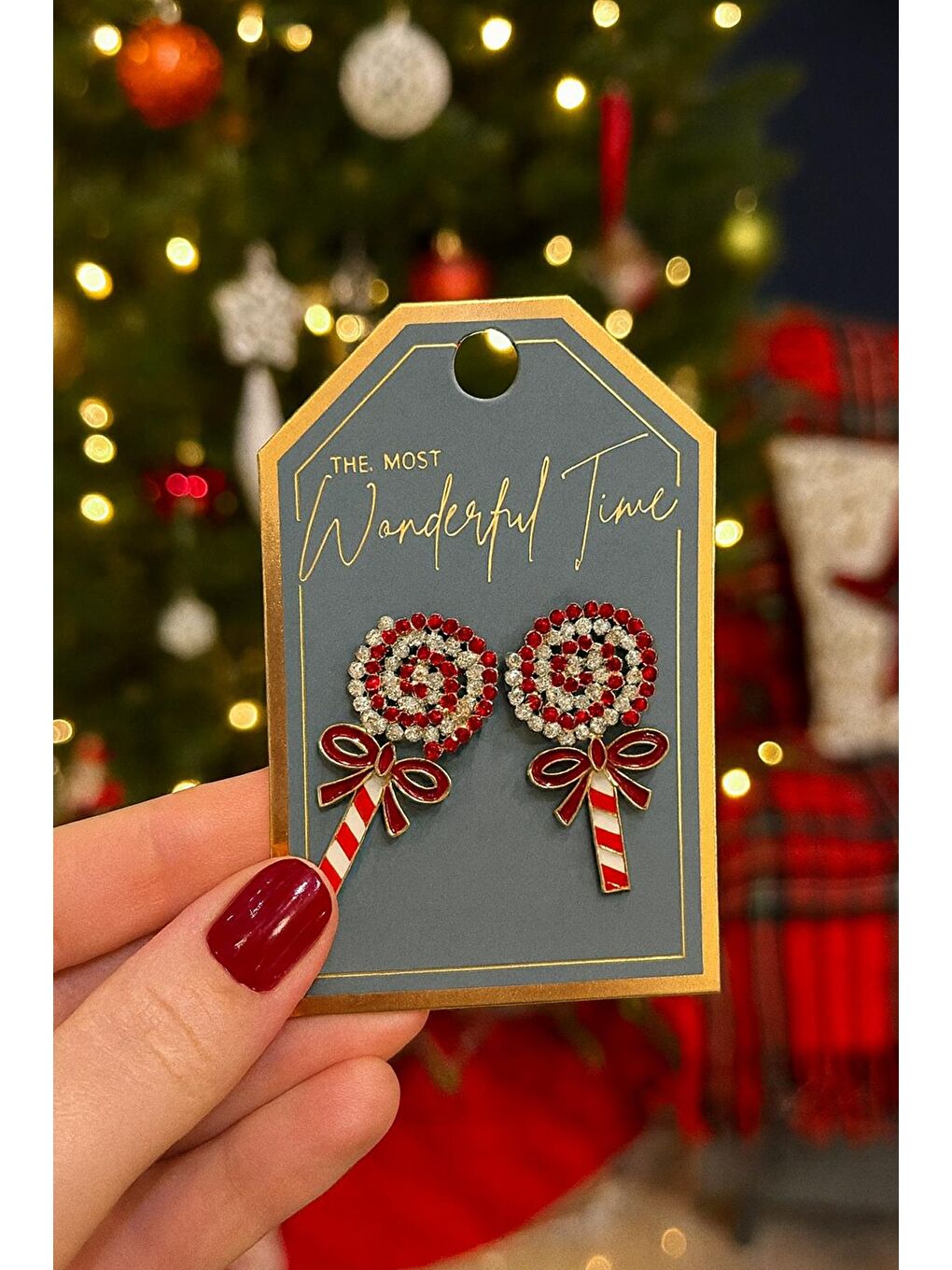 Yılbaşı Kırmızı Lolipop Taşlı Küpe-1