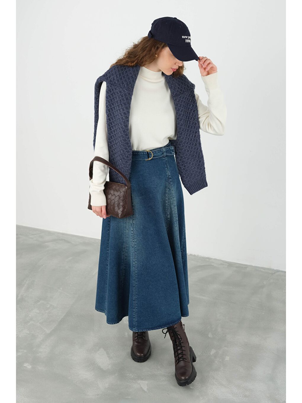 Parçalı Denim Etek Retro Mavi-2