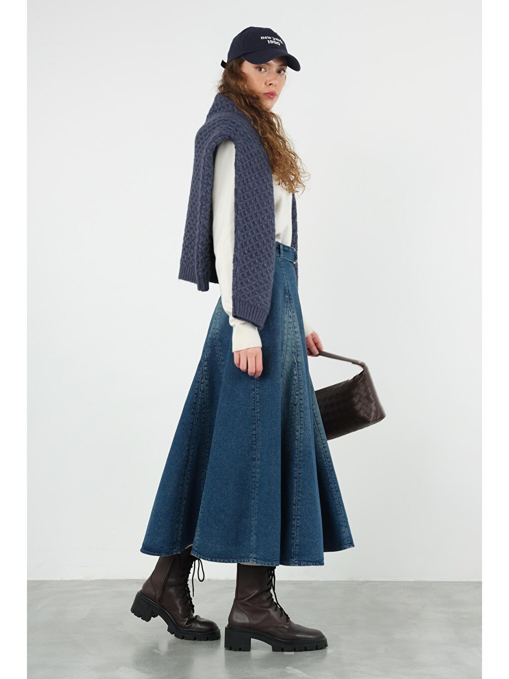 Parçalı Denim Etek Retro Mavi-3
