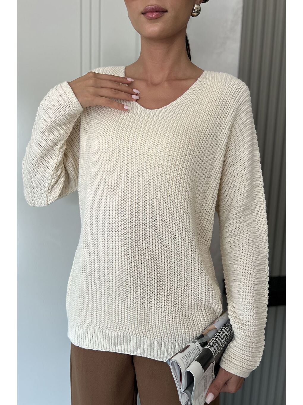 Bej V Yaka Salaş Triko Bluz (s,m,l,xl Uyumludur)-1