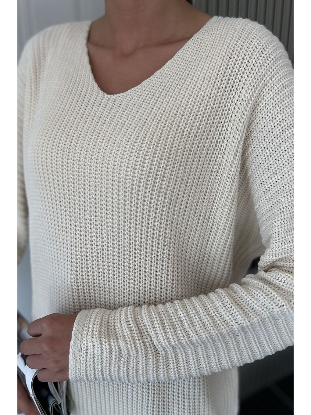 Bej V Yaka Salaş Triko Bluz (s,m,l,xl Uyumludur)-2