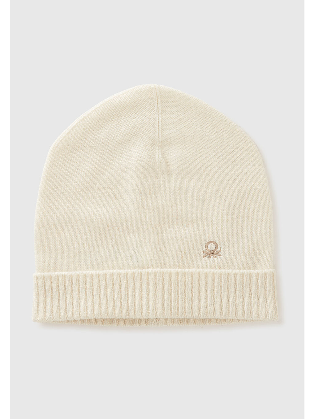 Ekru Kadın Krem Yün ve Kaşmir Karışımlı Önü Logo Detaylı Ribana Detaylı Bere