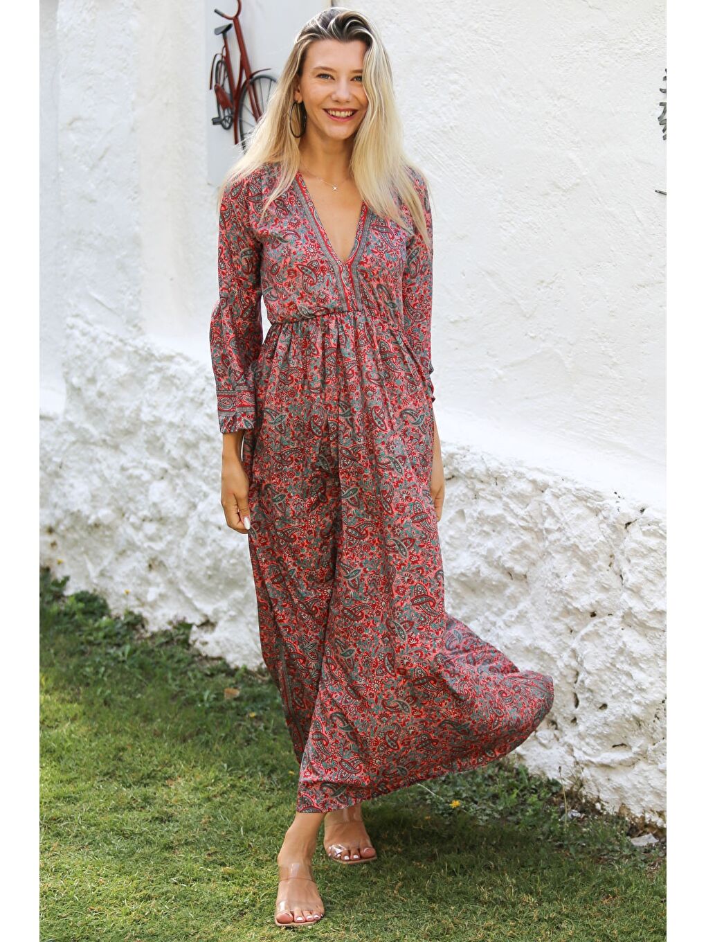 Hindistan Bordo V Yaka Uzun Kol Robası Büzgülü Allover Baskılı Dokuma Casual Elbise-1