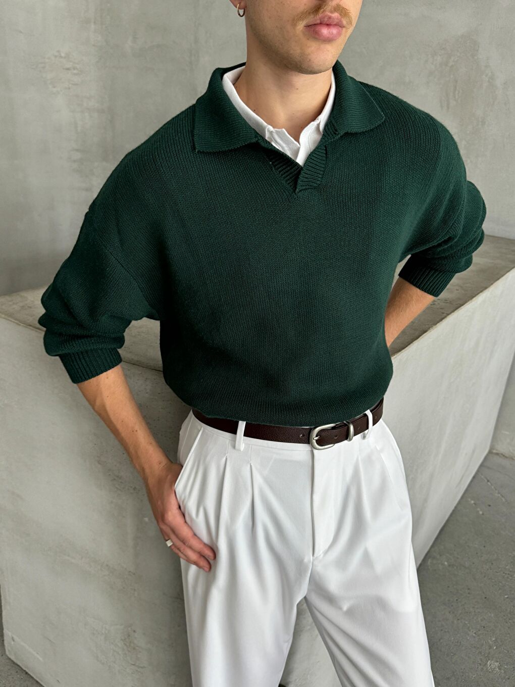 Yeşil Erkek Polo Yaka Örme Oversize Kazak-1