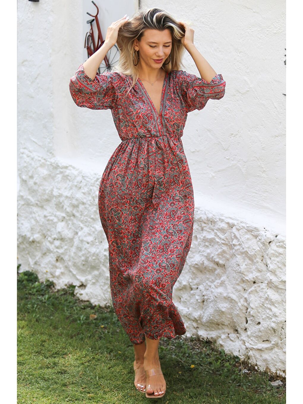 Hindistan Bordo V Yaka Uzun Kol Robası Büzgülü Allover Baskılı Dokuma Casual Elbise-3