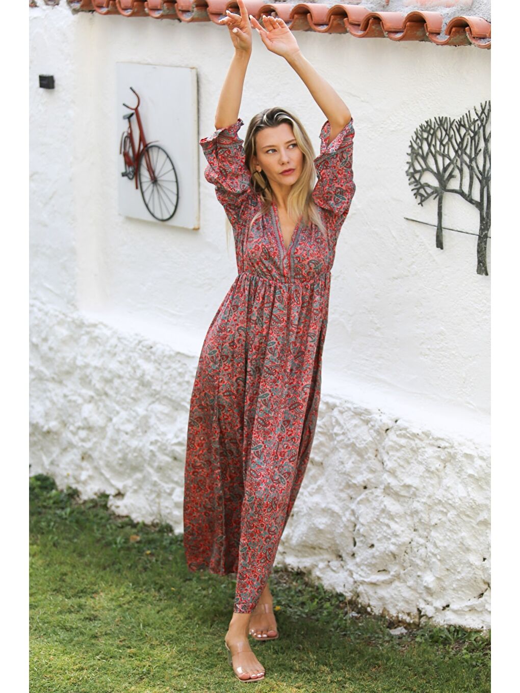 Hindistan Bordo V Yaka Uzun Kol Robası Büzgülü Allover Baskılı Dokuma Casual Elbise-5