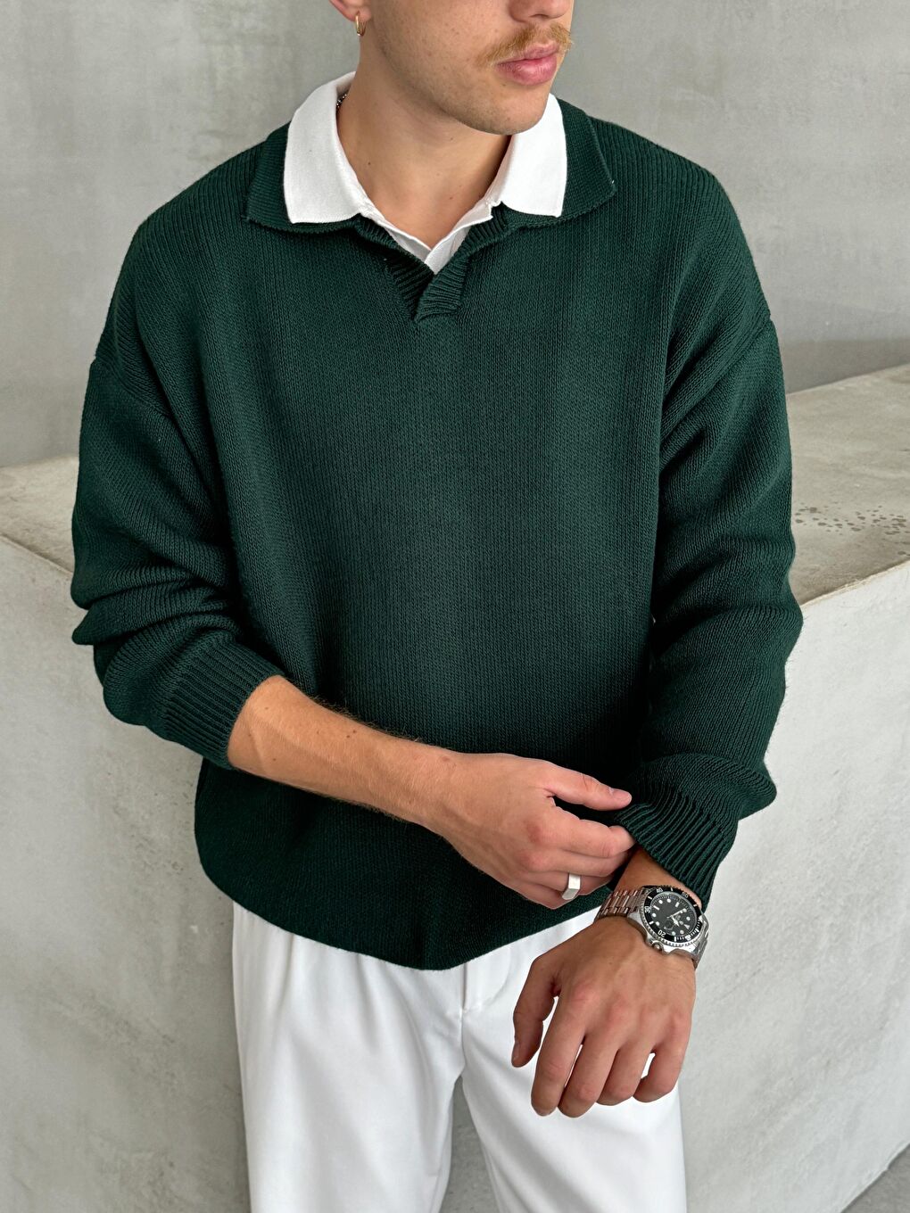 Yeşil Erkek Polo Yaka Örme Oversize Kazak-2