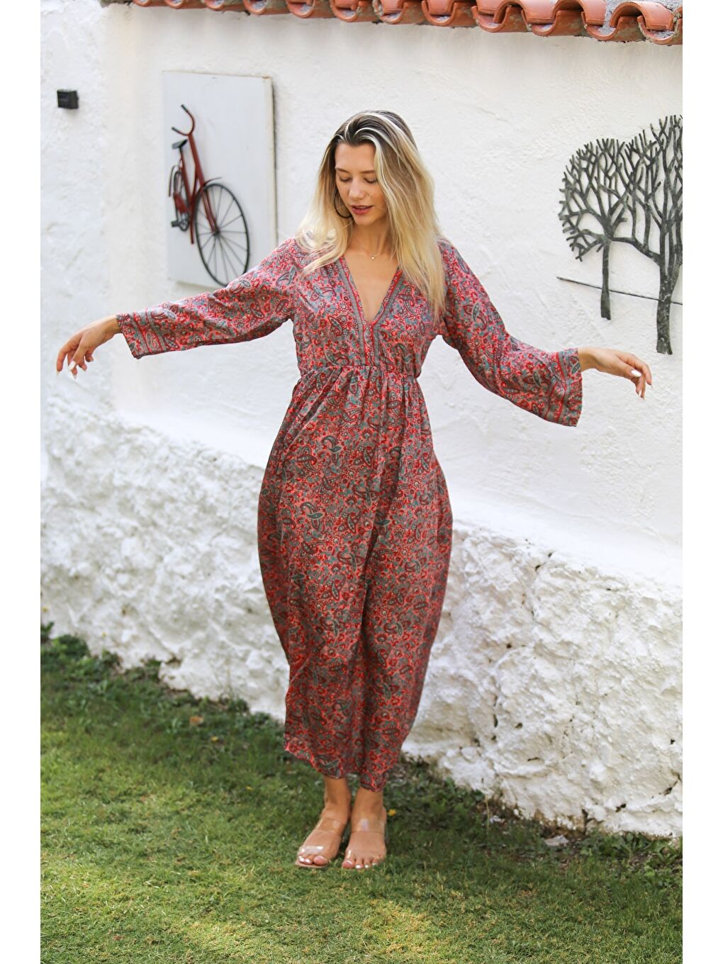 Hindistan Bordo V Yaka Uzun Kol Robası Büzgülü Allover Baskılı Dokuma Casual Elbise-6