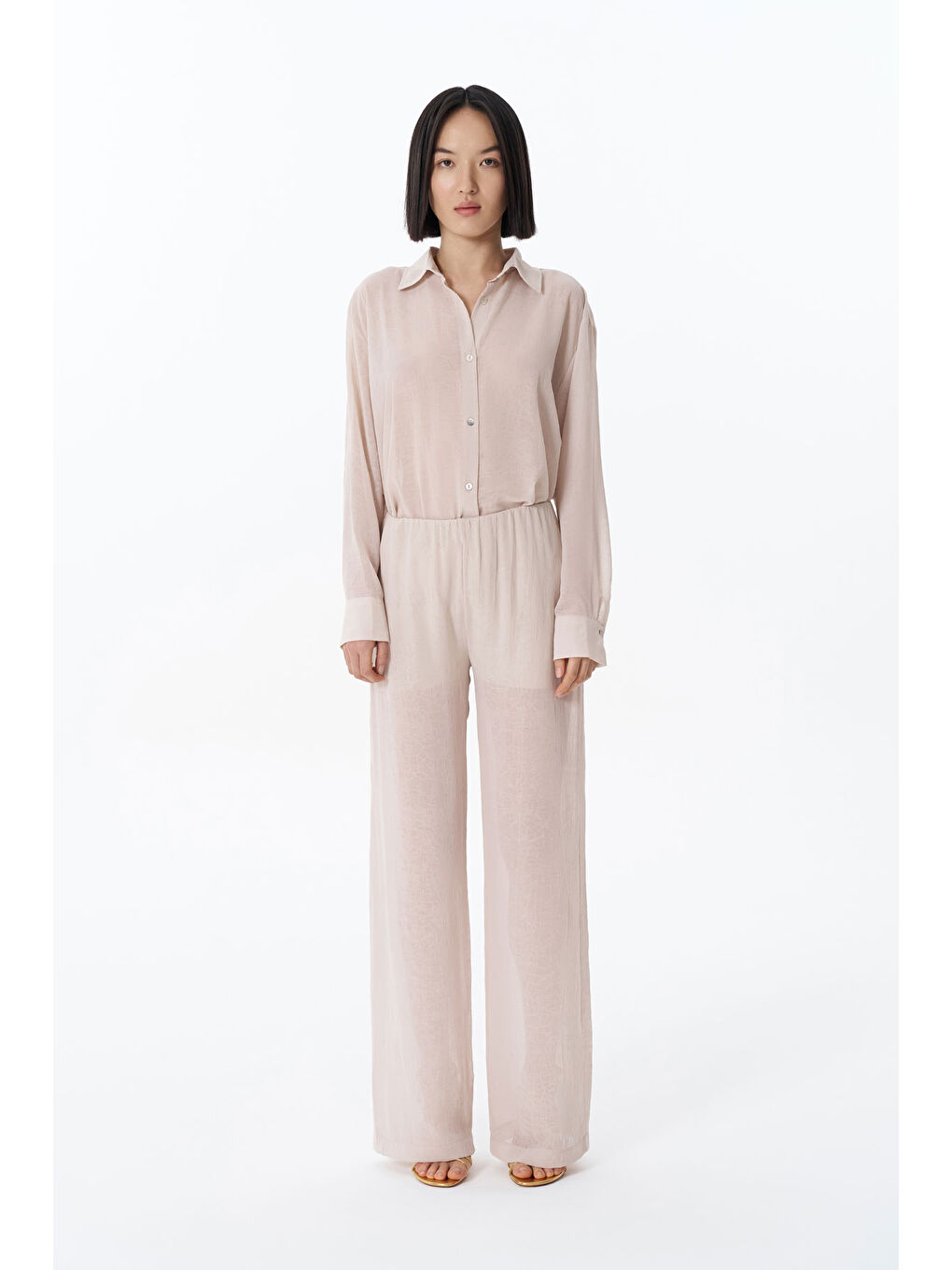 Yandan Fermuarlı Bol Paça Pantolon Bej