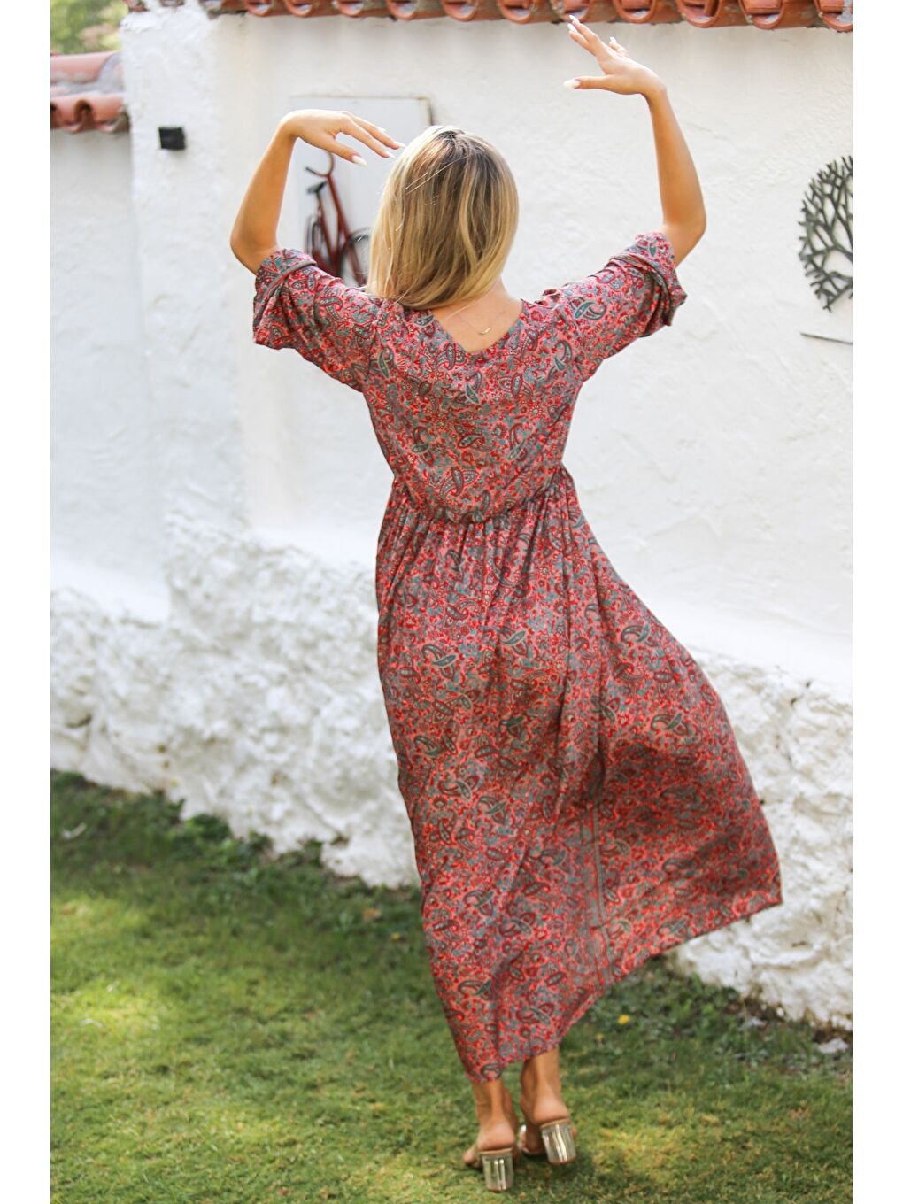 Hindistan Bordo V Yaka Uzun Kol Robası Büzgülü Allover Baskılı Dokuma Casual Elbise-7