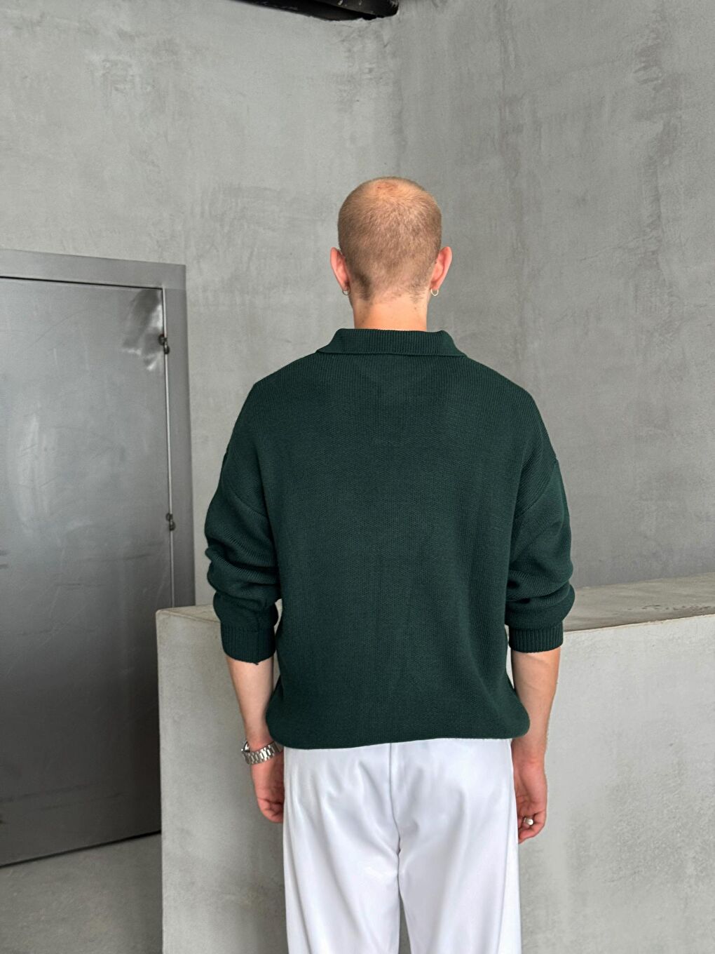 Yeşil Erkek Polo Yaka Örme Oversize Kazak-4