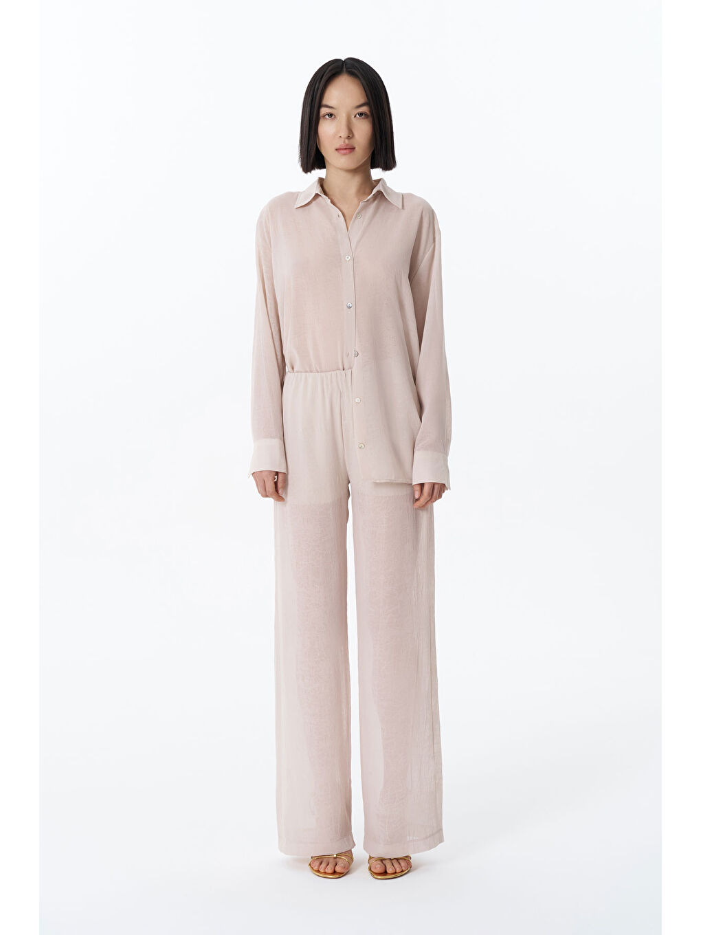 Yandan Fermuarlı Bol Paça Pantolon Bej-3