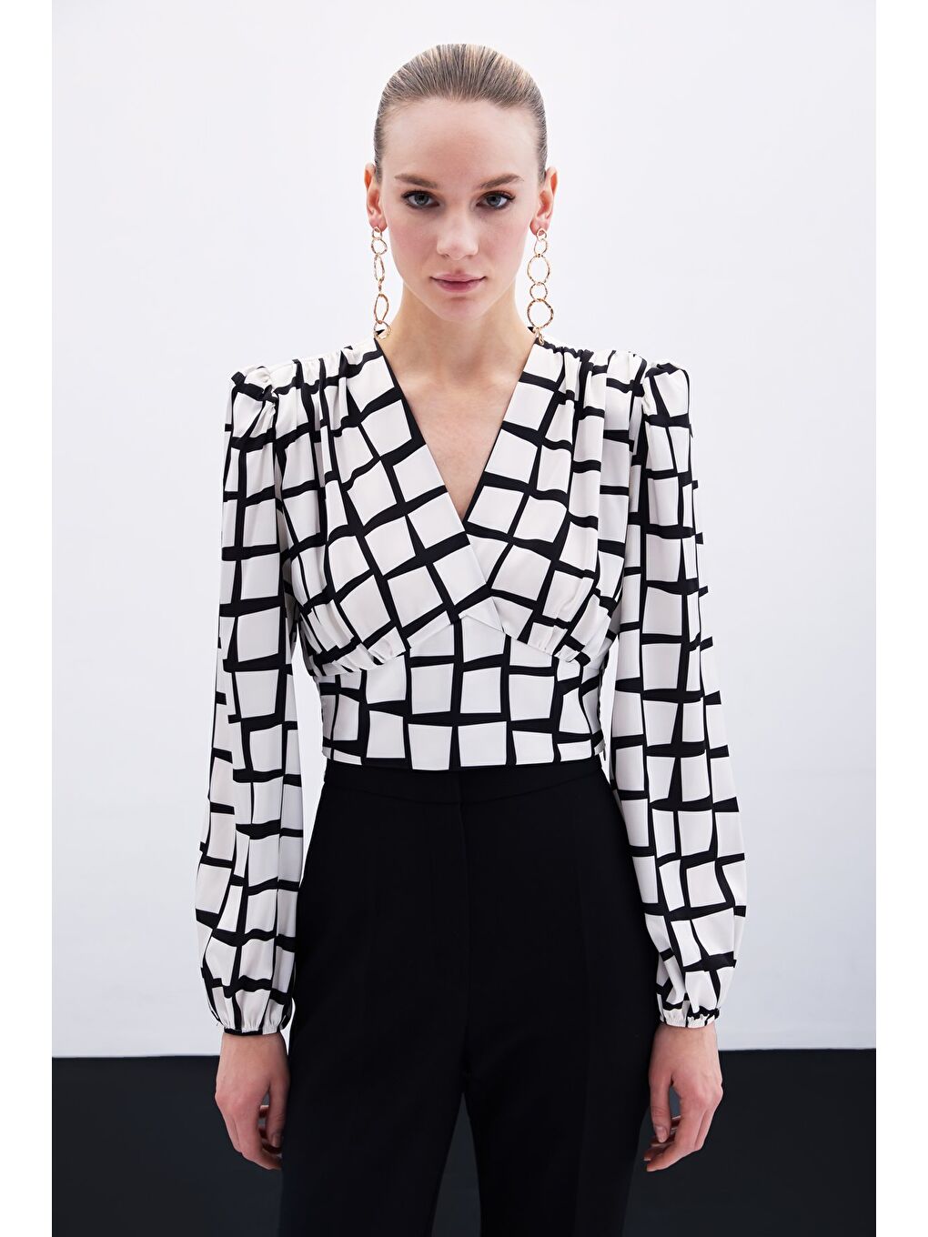 Desenli Crop Bluz - Ekru