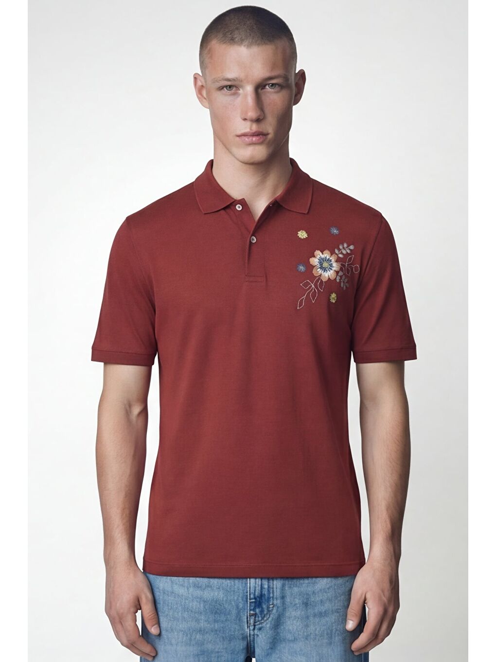 Kahverengi Giotelli Erkek Kiremit Dar Kesim Slim Fit %100 Pamuk Nakışlı Düğmeli Polo Yaka Tişört
