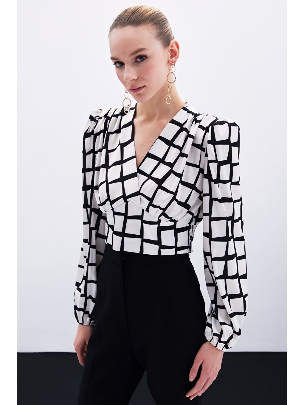 Desenli Crop Bluz - Ekru-1