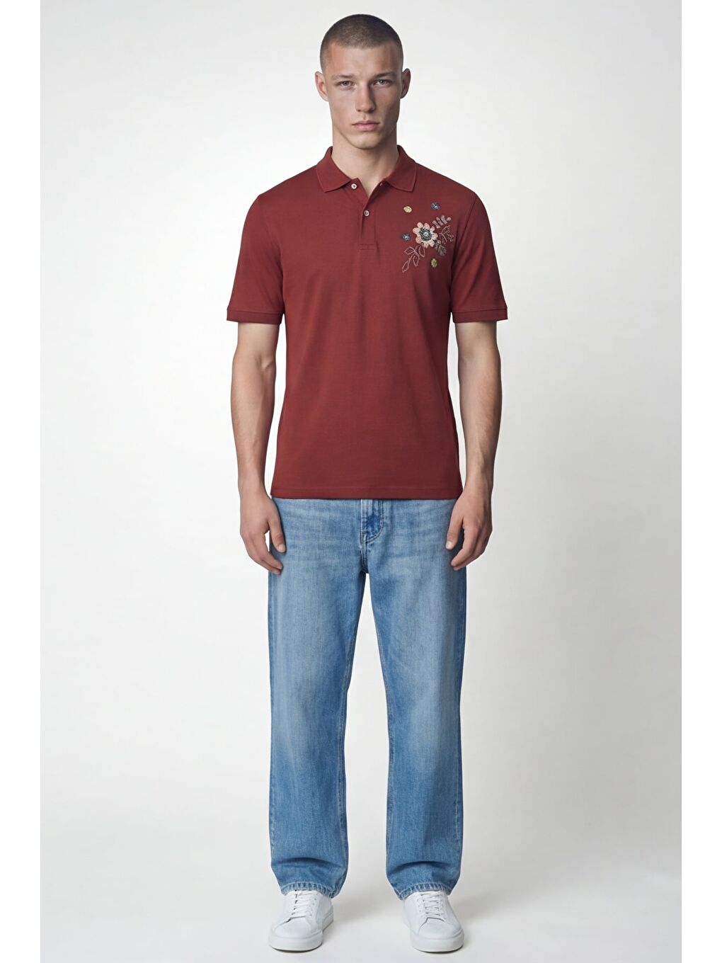 Kahverengi Giotelli Erkek Kiremit Dar Kesim Slim Fit %100 Pamuk Nakışlı Düğmeli Polo Yaka Tişört-1