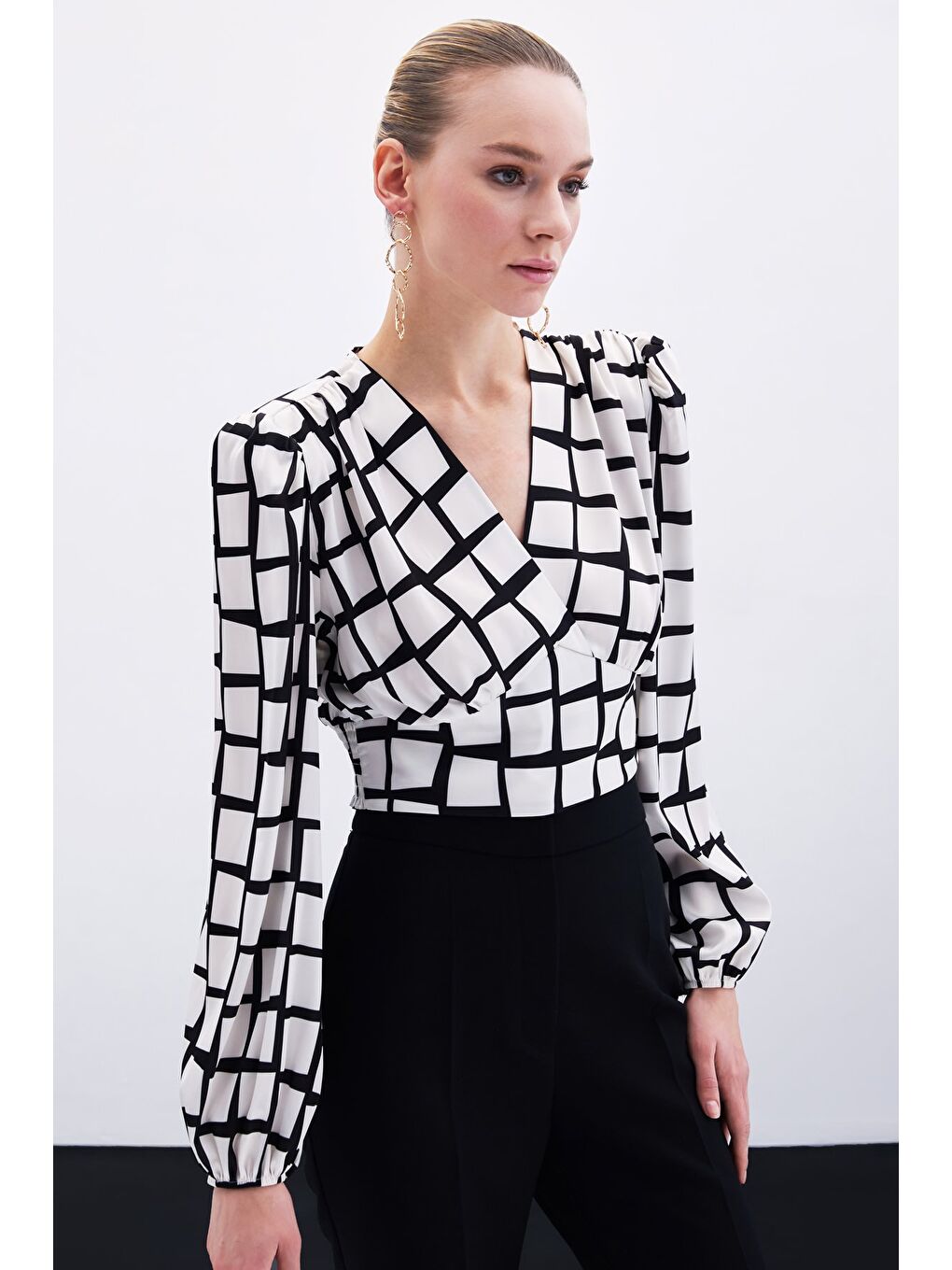 Desenli Crop Bluz - Ekru-2