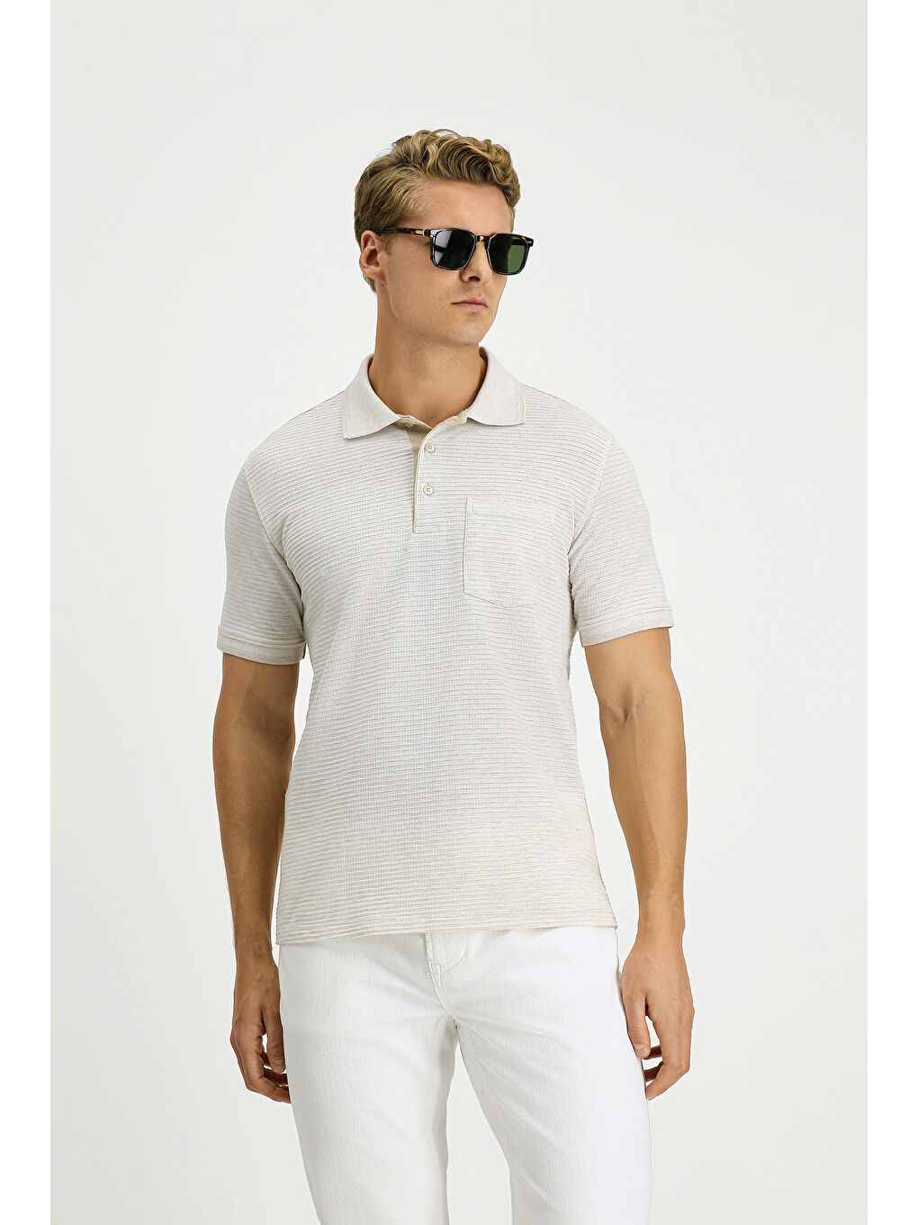 Bej Regular Fit Desenli Elastanlı Cepli Polo Yaka Tişört