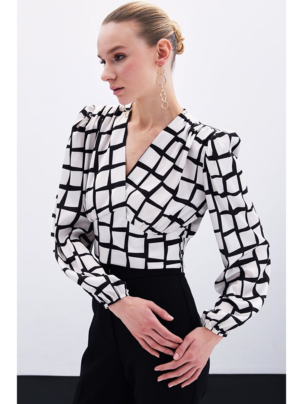 Desenli Crop Bluz - Ekru-3