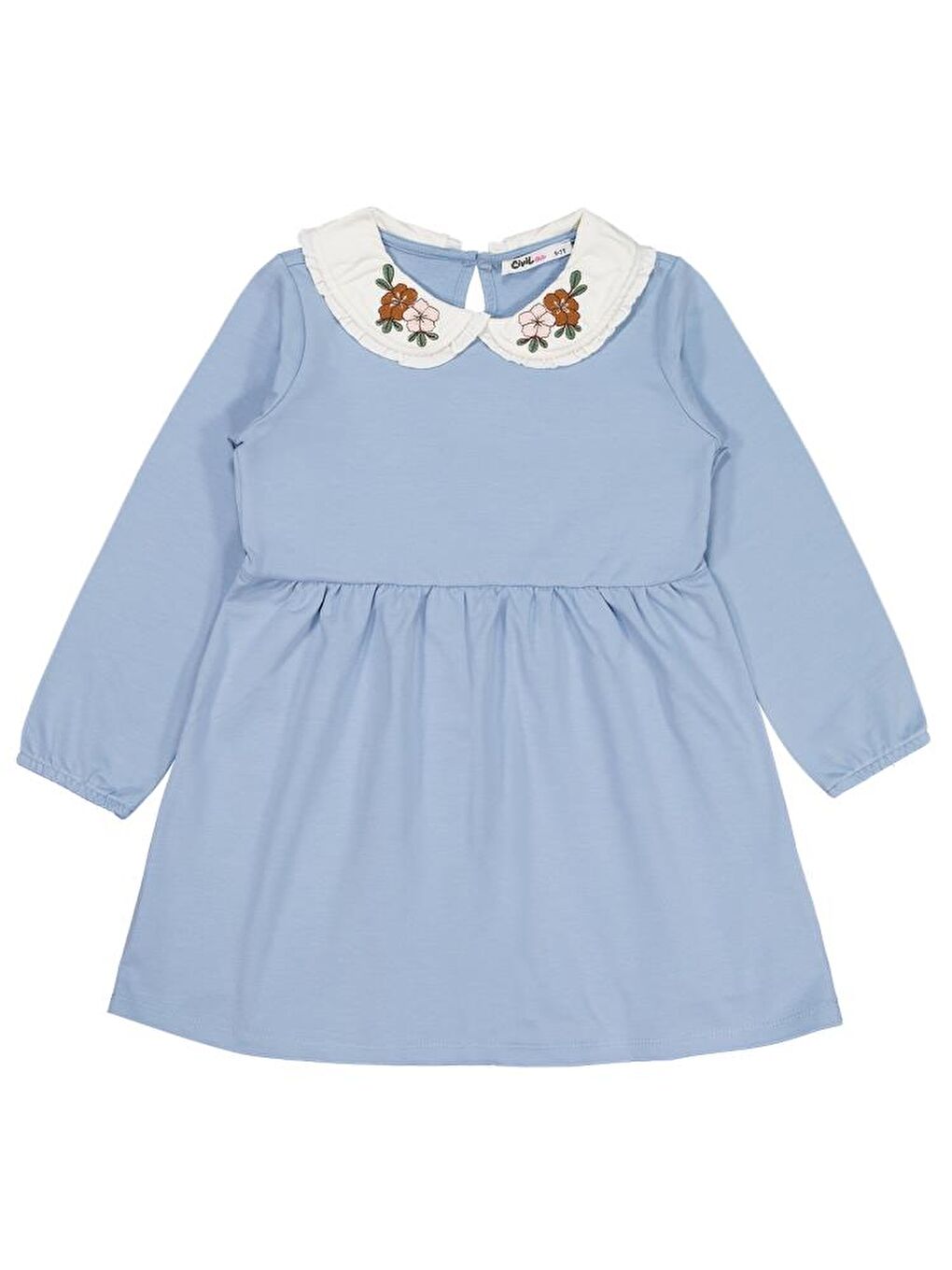 Girls Yakası Nakışlı 6-9 Yaş Elbise - Mavi 7-8 Yaş