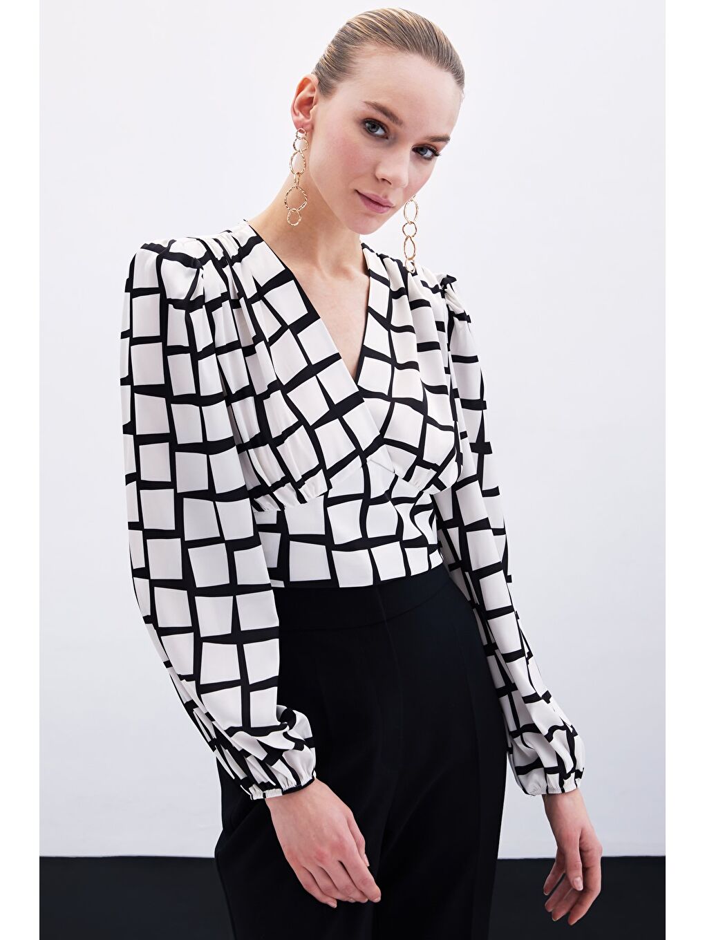 Desenli Crop Bluz - Ekru-4