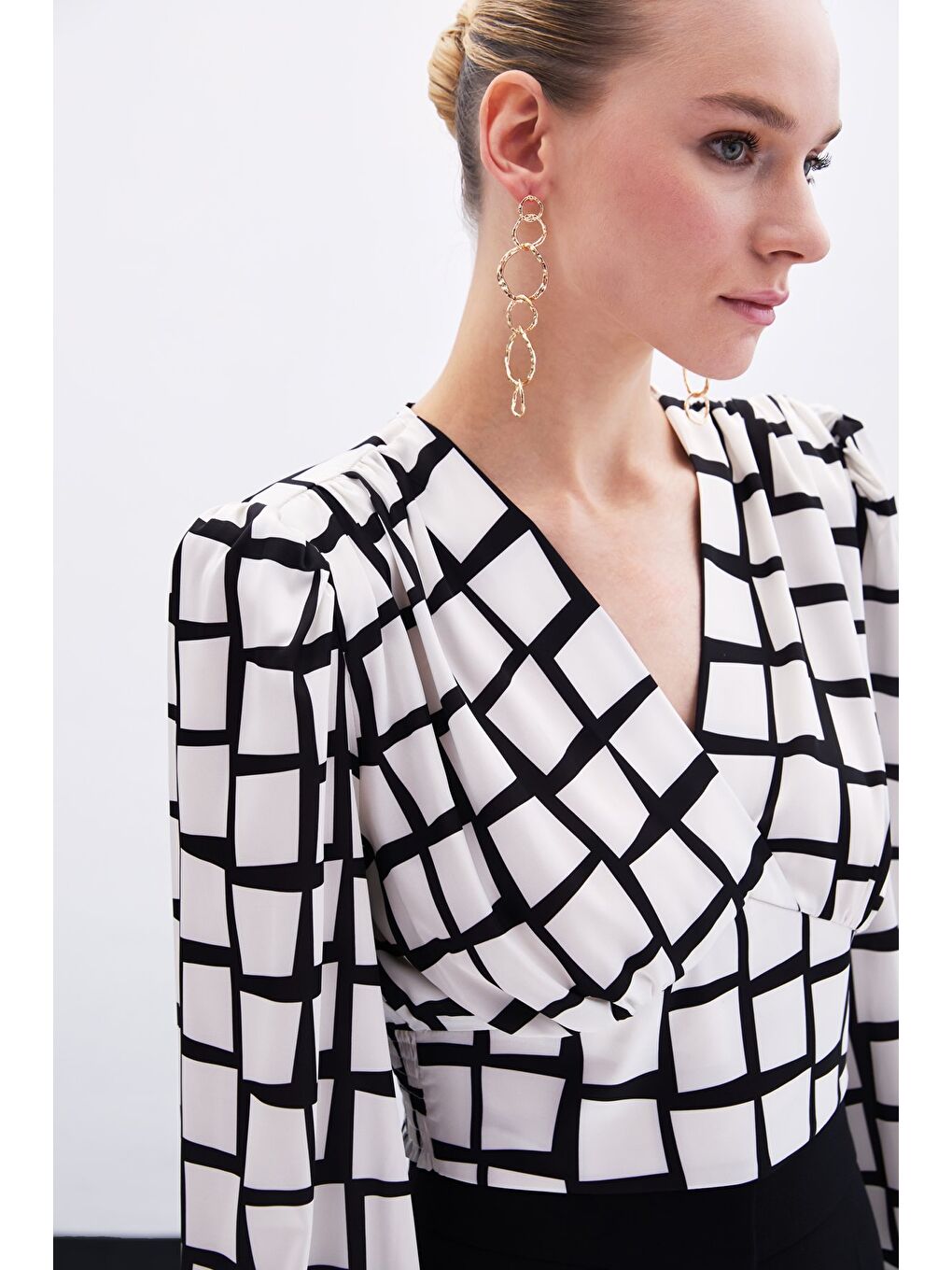 Desenli Crop Bluz - Ekru-5