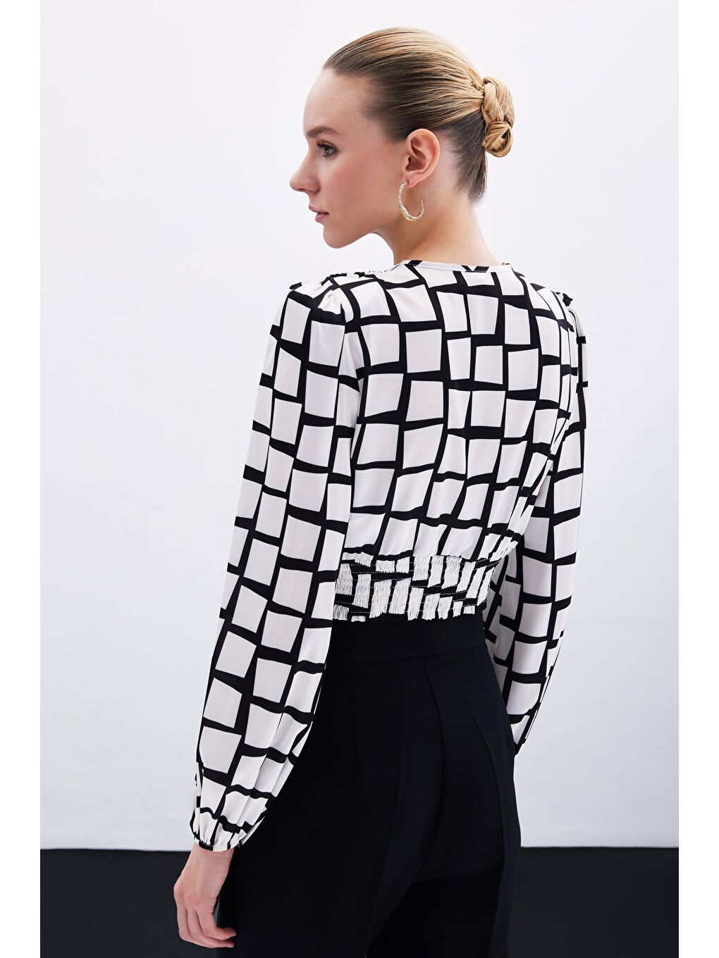 Desenli Crop Bluz - Ekru-6