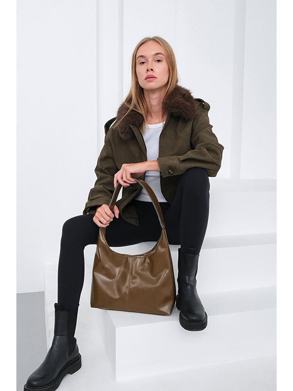 Bej Gina Vintage Deri Omuz Çantası Vizon-2