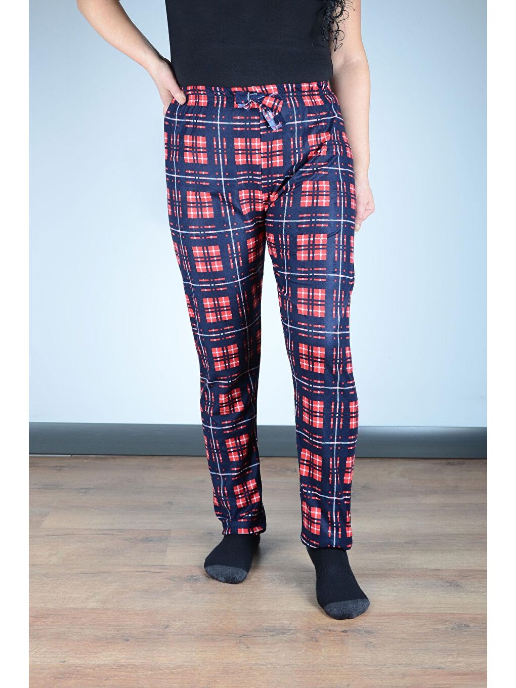 Kadın Süet Pijama Tek Alt | Ekose Lacivert