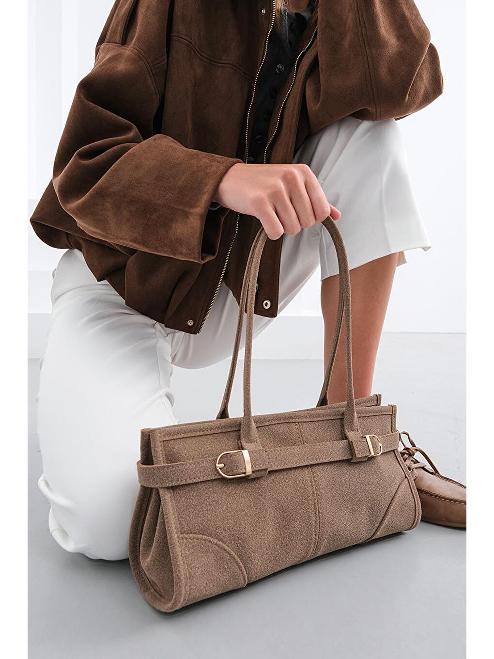 Bej Enyola Bowling Vintage Süet Çanta Vizon-1