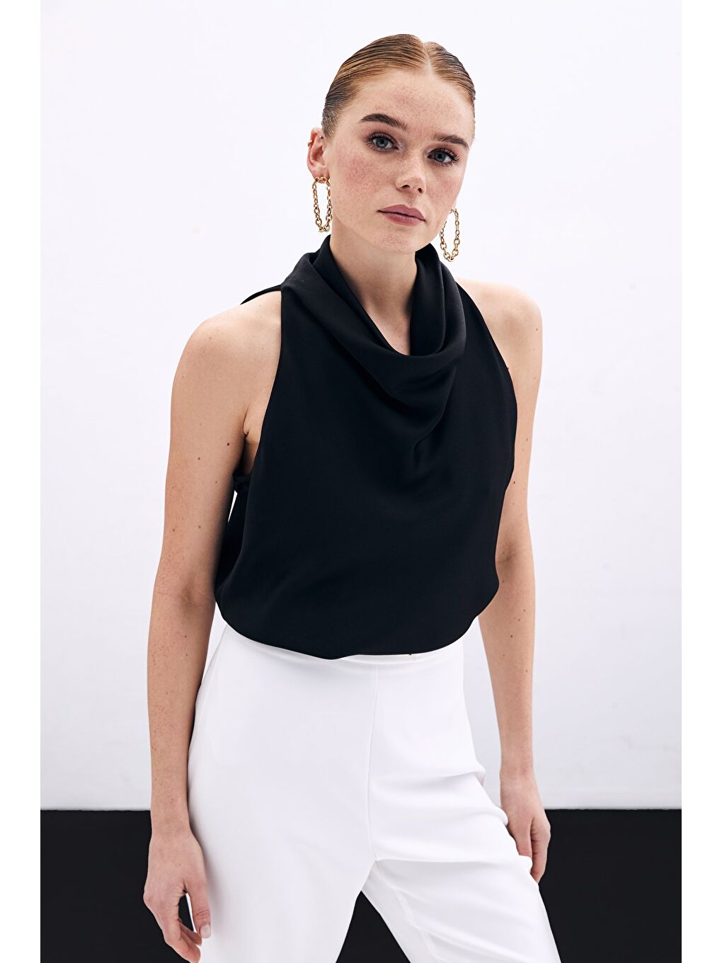 Degaje Yaka Saten Bluz - Siyah