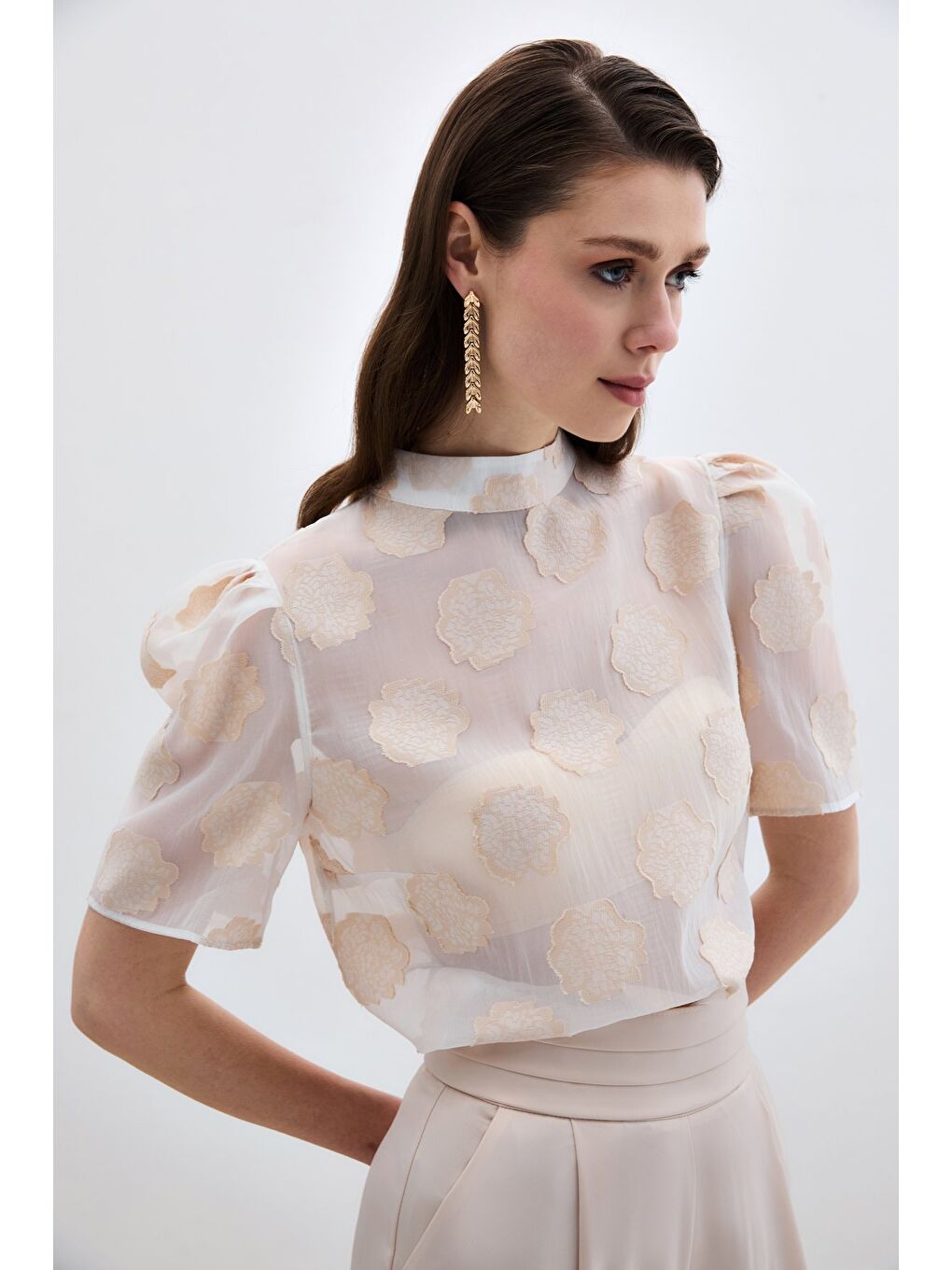 Organze Kısa Kol Bluz - Bej