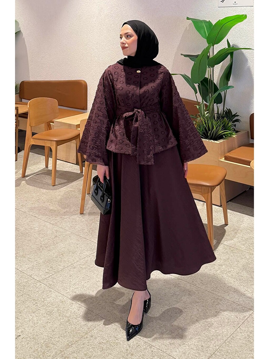 Kuşak Detaylı Bluz-etek Takım Mürdüm-1