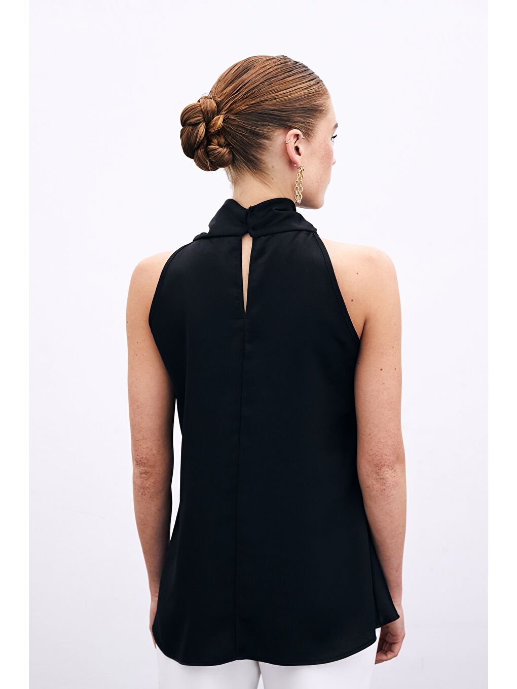 Degaje Yaka Saten Bluz - Siyah-2